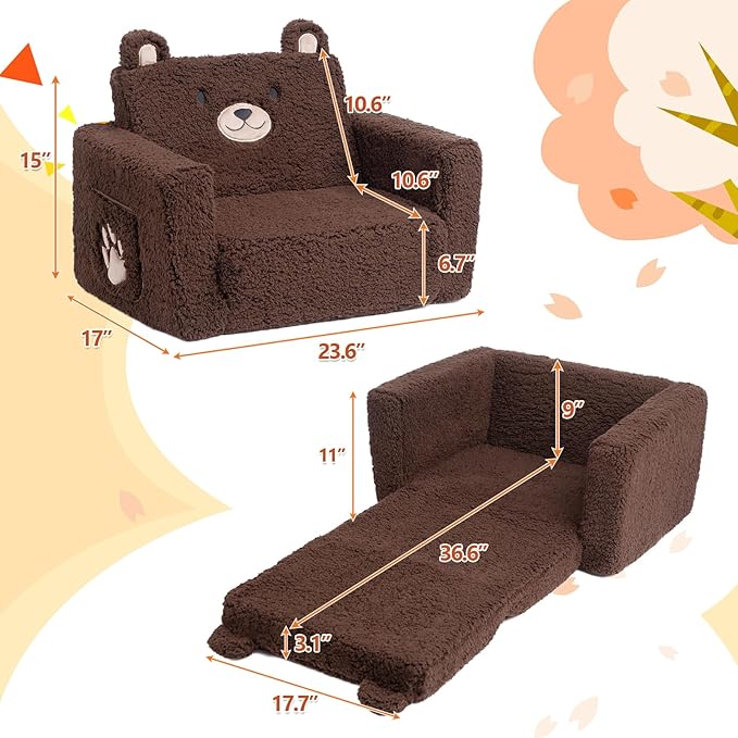ALIMORDEN Fold Out Toddler Couch, Comfy 2-in-1 Cuddly Sherpa Bear Chair for Kids, Convertible Sofa to Lounger, Kids Cozy Corner Play Couch for Boys and Girls, Chocolate