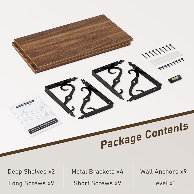 Deep Floating Shelves, 24" W x 12" D Wall Shelves Set of 2, Wide Display Shelf Wall Mounted with Brackets, Bookshelf for Living Room, Bathroom, Bedroom, Walnut