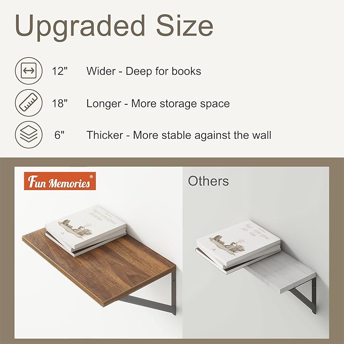 Fun Memories 18" W x12 D Floating Shelves, Farmhouse Wall Shelves Home Decor Shelf, Deep Bathroom Shelf with Bracket, 12 Inch Deep Wall Shelves for Living Room, Kitchen, Bedroom, Walnut, Set of 2