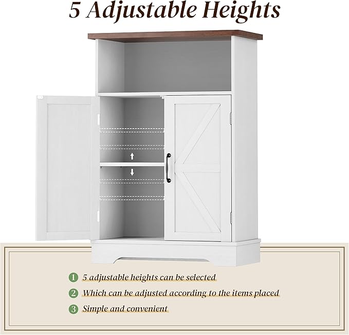 Smuxee Freestanding Cabinet Organizer, Farmhouse Style with Barn Door and Adjustable Shelf, White, for Bathroom, Kitchen, Living Room