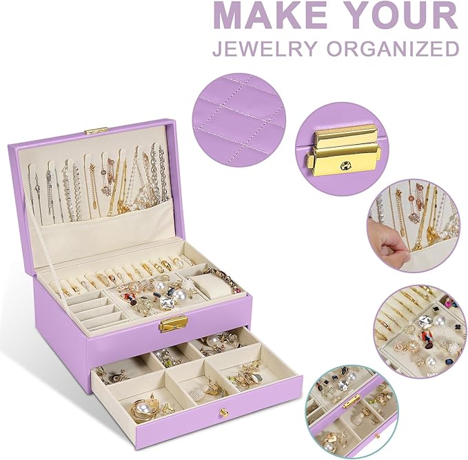 2-Layer Jewelry Box for Women Girls, Jewelry Organizers and Storage with Removable Jewelry Tray, Vintage Quilted Top Lockable Jewelry Holder Gift Idea Light Purple