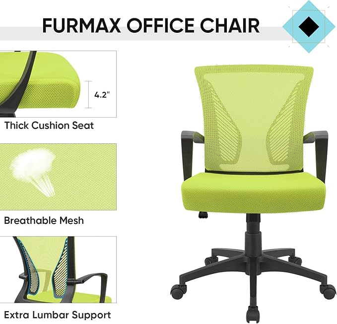 Furmax Office Chair Ergonomic Computer Desk Mesh Chair Mid Back Swivel Lumbar Support with Armrest (2, Cyan)