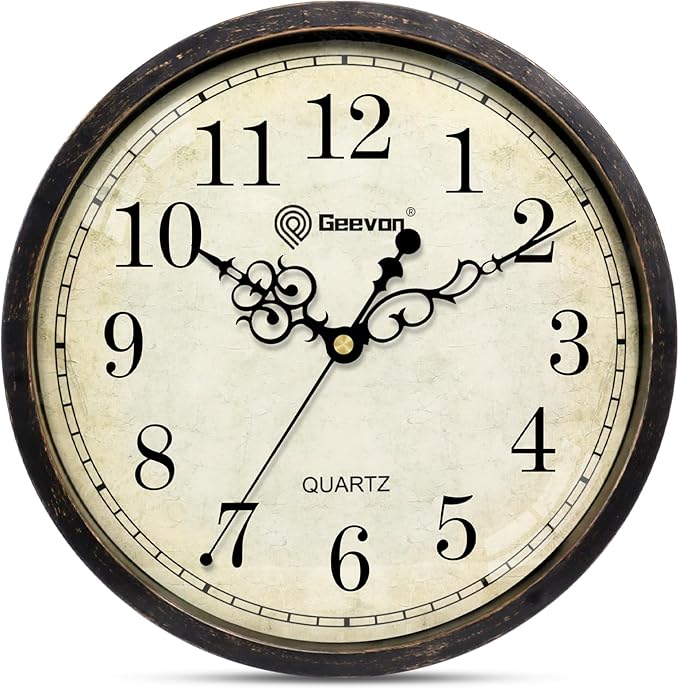 Geevon Vintage Wall Clock 10" Silent Non-Ticking Retro Round Quartz Battery Operated Decorative Clock for Kitchen, Living Room, Bedroom, Office, Classroom