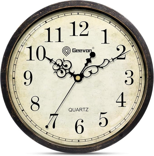 Geevon Vintage Wall Clock 10" Silent Non-Ticking Retro Round Quartz Battery Operated Decorative Clock for Kitchen, Living Room, Bedroom, Office, Classroom