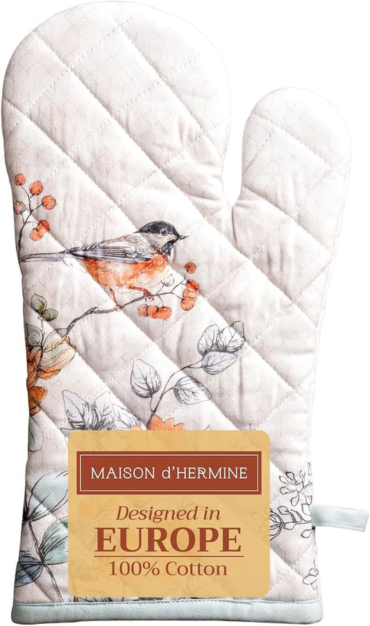 Maison d' Hermine Oven Gloves 100% Cotton Oven Mitt 7" x 13" with Loop Heat Resistant BBQ Cooking Gloves for Thanksgiving Christmas Decorations Handling Hot Pans (Pack of 1, Whitish Shabby Chique)