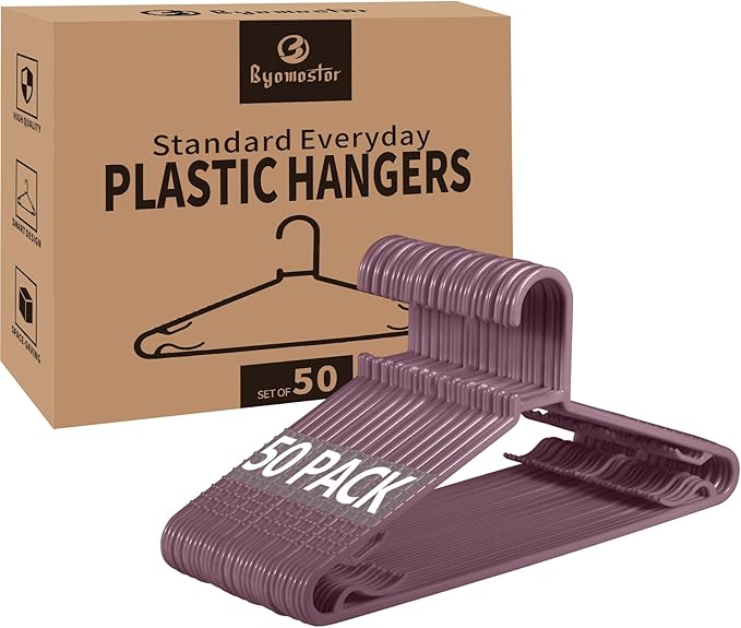 Plastic Hangers 50 Pack, Light Weight Durable Clothes Hangers with Hooks Standard Size G-Shape&Non-Slip Coat Hangers for Everyday Use (Purple)
