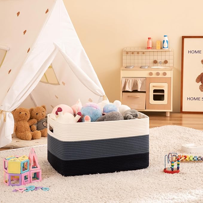 OIAHOMY Large Blanket Basket, 22”x17”x12” Rectangle Woven Baskets, Nursery Blanket Storage Living Room, Toy Storage With Handle, Large Baskets for Organizing-Gradient Blue