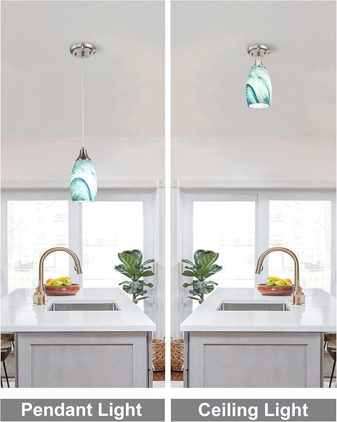 Art Glass Mini Pendant Lights for Kitchen Island Blown Art Glass Pendant Light Shade Hanging Ceiling Lights with Brushed Nickel Finish for Kitchen Counter bar,Dining Room Blue Mixing Yellow-1P