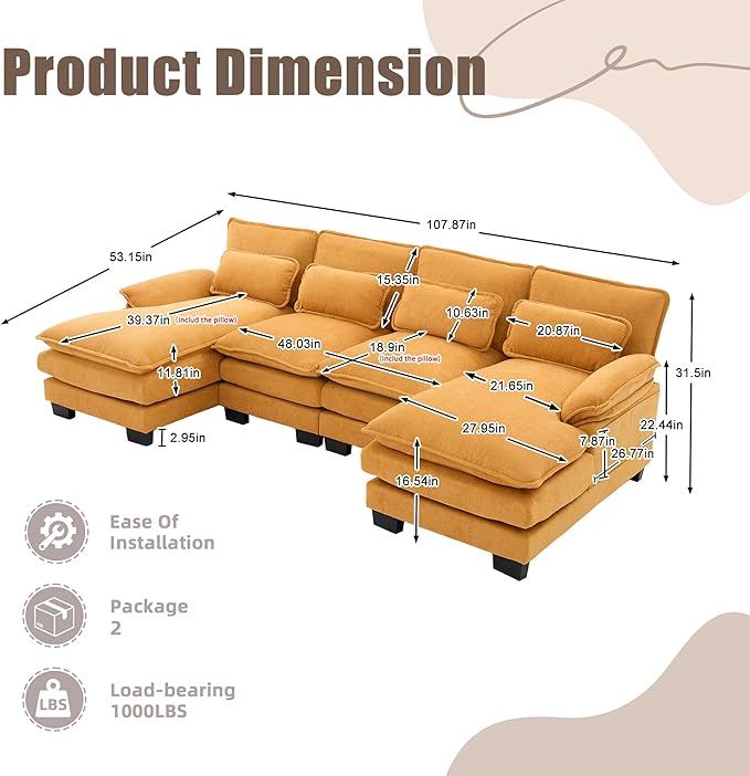 KEIKI 108" U-Shaped Chenille Modular Sectional Chenille Sofa with 2 Movable Ottoman & Pillows & 2 Side Pocket, Oversized 4-Seater Couch with Memory Foam Cushion, Easy Assembly, for Living Room, Yellow