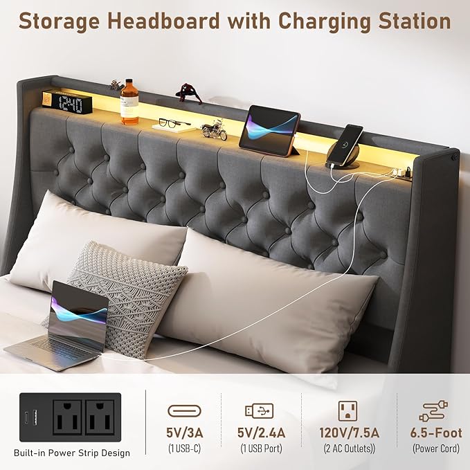 SADENICEL Queen Bed Frame with Storage Headboard, Metal Platform Bed Frame Queen Size with 4 Drawer, LED Light, Charging Station, No Box Spring Needed, Noise Free, Easy Assembly, Grey