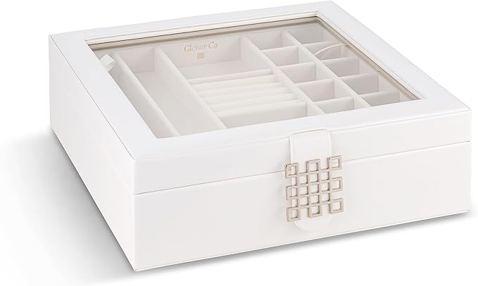 Co 28 Section Jewelry Box - 2 Layer - Buckle Snap & Magnet Closure - Large Glass Top - Leather Design - White - Jewelry Organizer for Women & Girls - for Earring Ring Necklace & Bracelet