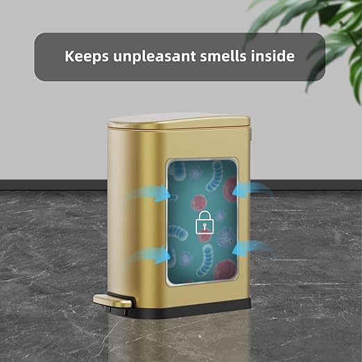 2.6 Gallon Slim Bathroom Trash Can with Soft Close Foot Pedal, 10L Stainless Steel Garbage Can with Removable Liner Bucket, for Narrow Spaces, Bedroom, Gold