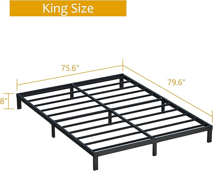 King Size Bed Frame No Box Spring Needed, 8 Inch Heavy Duty King Platform Bed Frame Support Up to 3000 lbs, Easy Assembly, Noise Free, Black