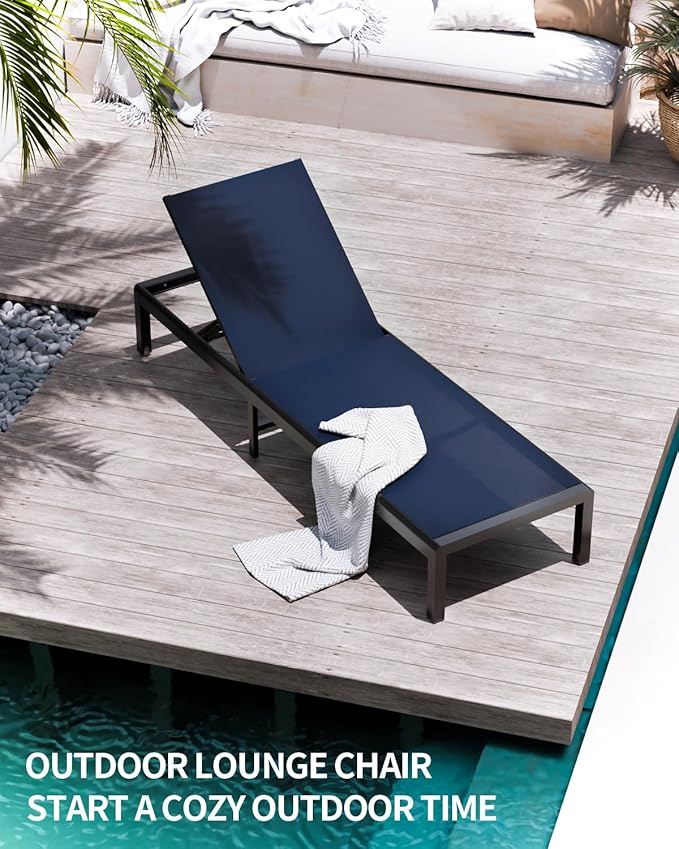 Aluminum Lounge Chairs Outdoor Chaise Furniture,2 Sets Patio Metal Deck Lounger Adjustable 5-Position Poolside Chase Recliner with Wheels for Beach,Coffee Table, (NavyBlue, 2 Chair＋Table)