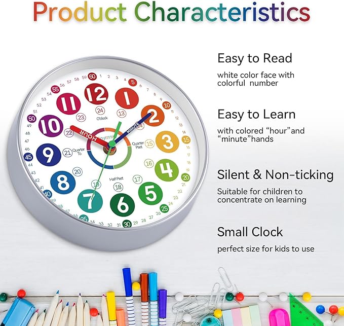 Learning Clock for Kids Learning to Tell Time Easily Colorful Teaching Time Clock Silent Non Ticking Battery Operated Decorative for Kids Room Classroom School Bedroom (8 Inch)