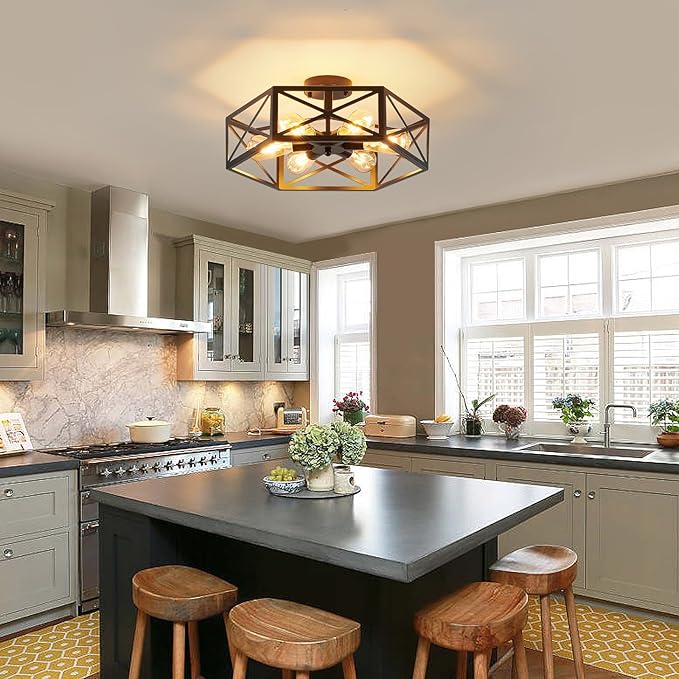 Industrial Semi Flush Mount Ceiling Light, 6 Light Modern Metal Close to Ceiling Light Fixture, Farmhouse Light Fixtures Ceiling Mount, Black Chandelier for Kitchen, Dining Room, Hallway