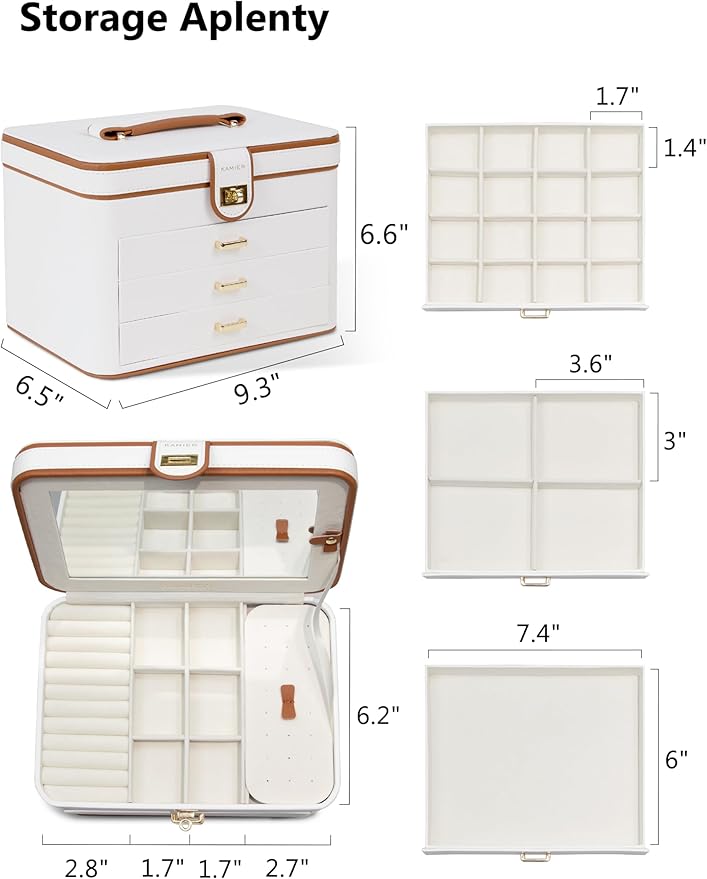 KAMIER Jewelry Boxes for Women, 4 Layer Jewelry Organizer with Mirror, 3 Drawers, Jewelry Storage Box, Christmas Gift, for Earring, Necklace, Bracelet, Ring, White