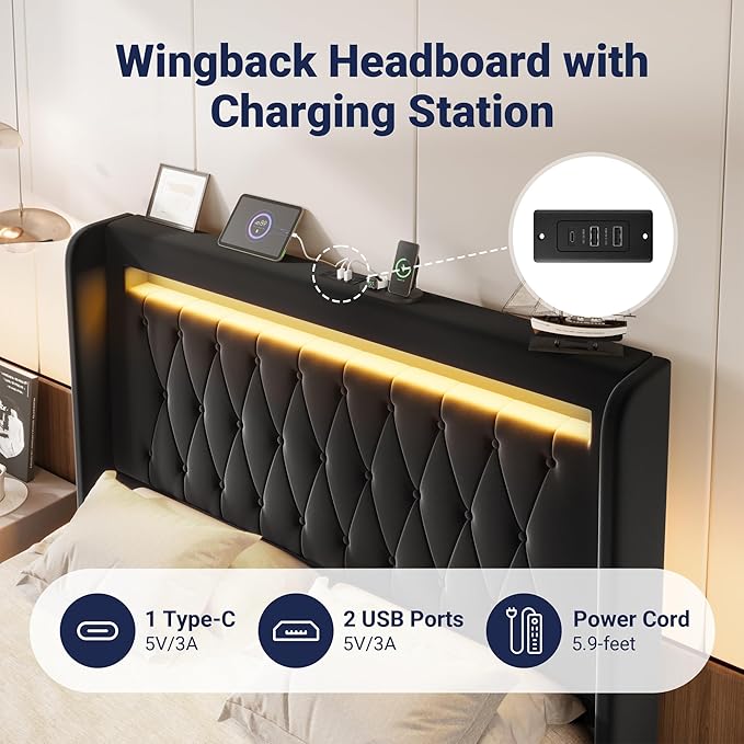 Allewie Upholstered Queen Size Platform Bed Frame with LED Light and Charging Station, Button Tufted High Headboard, Wingback Design, Noise Free, Easy Assembly, No Box Spring Needed, Black