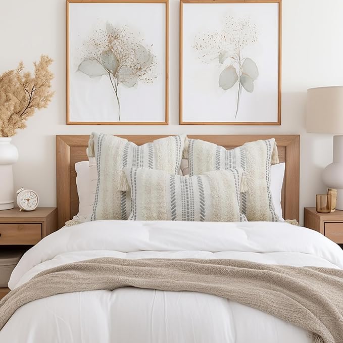 decorUhome Decorative Boho Throw Pillow Cover 20x20, Accent Neutral Textured Tufted Pillow Cover Striped for Couch Bed Sofa, Beige and Cream White, Pack of 1