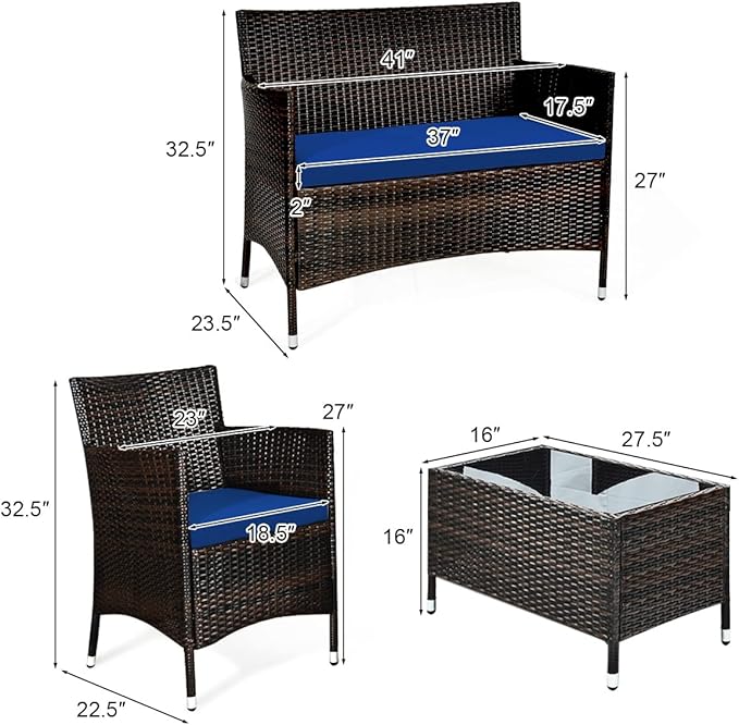 Goplus 4-Piece Rattan Patio Set, Outdoor/Indoor Wicker Conversation Set for Pool, Backyard, Lawn, Wicker Chairs and Sofa with Soft Cushion, Rattan Furniture with Tempered Glass Coffee Table