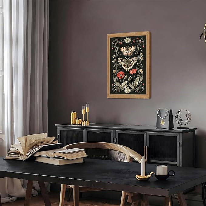 AKWISH Vintage Framed Wall Art - 3D Textured Classical Style Moth Pictures Wall Decor - Hand Drawn Flowers Nature Art Painting for Living Room Bedroom Home Decor 16x24in