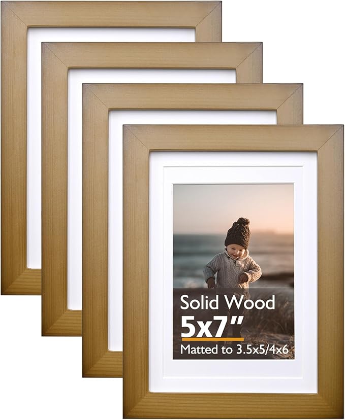 KINLINK 5x7 Picture Frame Brown, Solid Wood Frames with Acrylic Plexiglass for 3.5x5/4x6 with Mat or 5x7 without Mat, Tabletop and Wall Display Photo Frame Set of 4