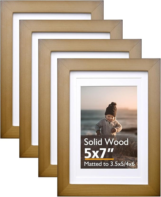 KINLINK 5x7 Picture Frame Brown, Solid Wood Frames with Acrylic Plexiglass for 3.5x5/4x6 with Mat or 5x7 without Mat, Tabletop and Wall Display Photo Frame Set of 4