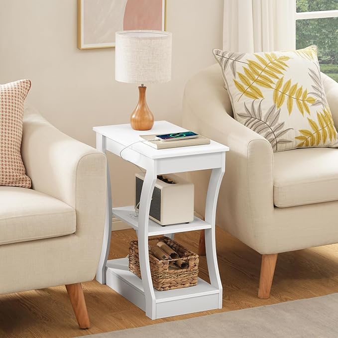End Table with Charging Station, Side Table with USB Ports and Outlets, 3 Tier Nightstand with Storage Shelf for Small Spaces, Living Room, Bedroom, White ETWT53E01