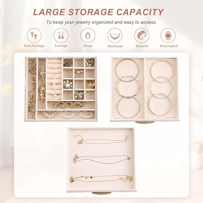 Jewelry Storage Box with Glasses Lid, 3-Tiers Jewelry Organizer Box for Women Girls, Jewelry Case for Rings, Bracelets Earrings, Necklaces (Apricot)