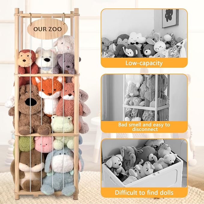 Stuffed Animal Storage Organizer - Thick Wooden Toy Zoo for Playroom & Bedroom, Large Plushies Holder with Cute Jail Cage Design, Plush Toy Display Tower Shelf (Large)
