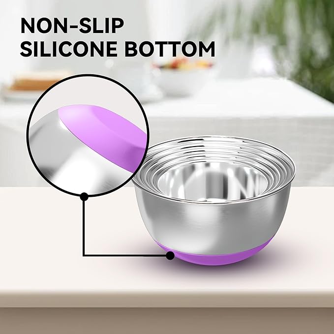 Stainless Steel Mixing Bowls with Lids – Set of 5 Large Nesting Metal Bowls for Kitchen, Baking, Cooking, Food Prep & Storage, Non-Slip Base, Dishwasher Safe, Multicolor