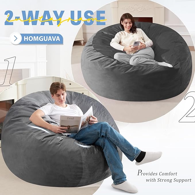 Homguava 6FT Bean Bag Chair Giant BeanBag with Memory Foam Filled, Large Bean Bag Chairs for Adults, Adult Bean Bag Chair with Dutch Velvet Cover for Living Room Bedroom-Grey
