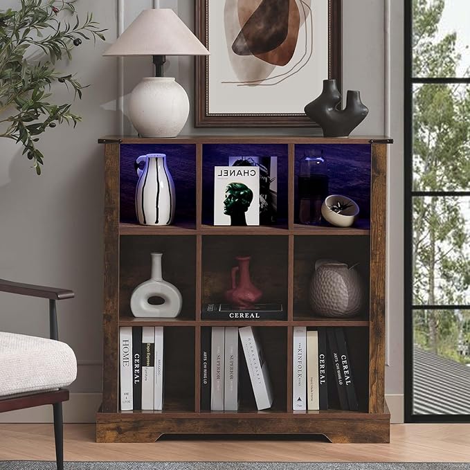 9 Cube Storage Organizer, 3 Tier Bookshelf for Living Room, Farmhouse Bookcase with Led, Kids Toy Storage Cabinet, Wall Cubby Shelves for Home Decor, Wood Display Cabinet for Bedroom, Brown