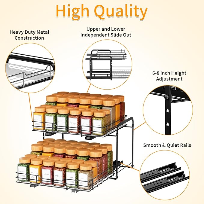 RCHYFEED Spice Organization for Cabinet,2 Tier Pull out Spice Rack Organizer for Inside Cabinets & Pantry, Slide out Heavy Duty Spice Shelf Rack for Kitchen Seasoning (11.5" Wx10.5 Dx9.5 H)