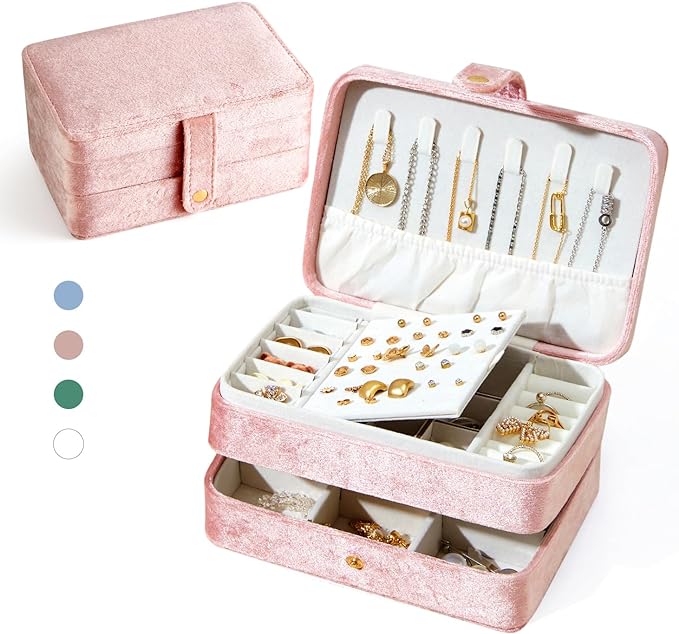 Velvet Small Jewelry Box for Women Girls, Double Layers Travel Portable Jewelry Case for Ring, Pendant, Earring, Necklace, Bracelet Organizer Storage Holder Boxes, Pink