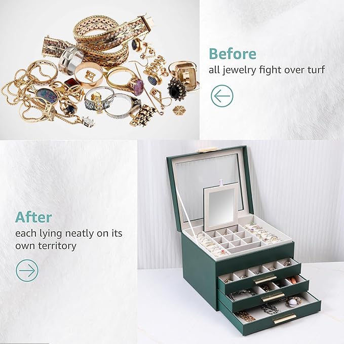 BOOVO Clear Lid Jewelry Box,4 Layers Jewelry Organizer Large Jewelry Storage Box with 3 Drawers,Jewelry Holder Organzier of Rings Earrings Necklace Bracelets for Women (Dark Green, 4 Layer)