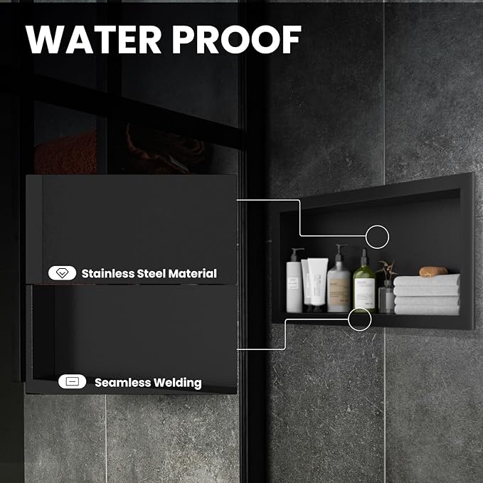 Stainless Steel Shower Niche 12" X 24",Single Shelf Niches Bathroom Shelf Recessed Wall Niche No Tile Needed Shower Shelf for Bathroom Storage (Black, 12 x 24)