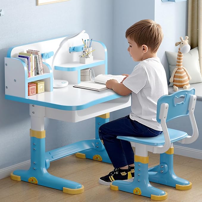 Kids Desk and Chair Set, Height Adjustable Child's School Study Writing Tables, Kids Desk with Bookstand and Storage Drawer, Widened Desktop with Desktop for Boys and Girls