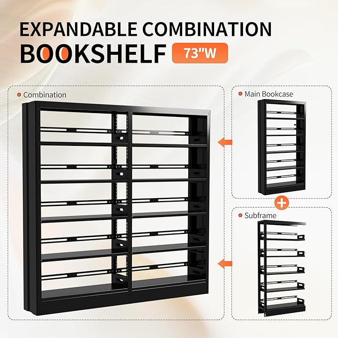 71" Metal Book Shelf, 5 Tier Bookshelf with Adjustable Shelves, Bookshleves and Bookcases, Heavy Duty Library Book Case, Expandable Combination Bookshelf (Black, 72.8" W)