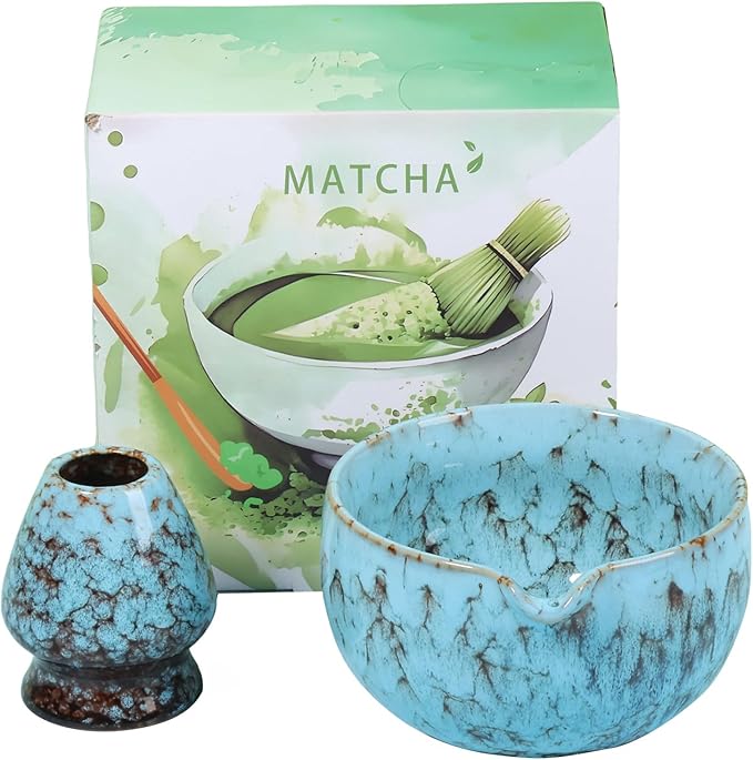 2Pcs Ceramic Matcha Bowl and Whisk Holder Set Easy to Use Tea Bowl and Whisk Stand Easy to Clean Matcha Tea Mixing Tool for Lover.(Kiln turns blove,2PCS)