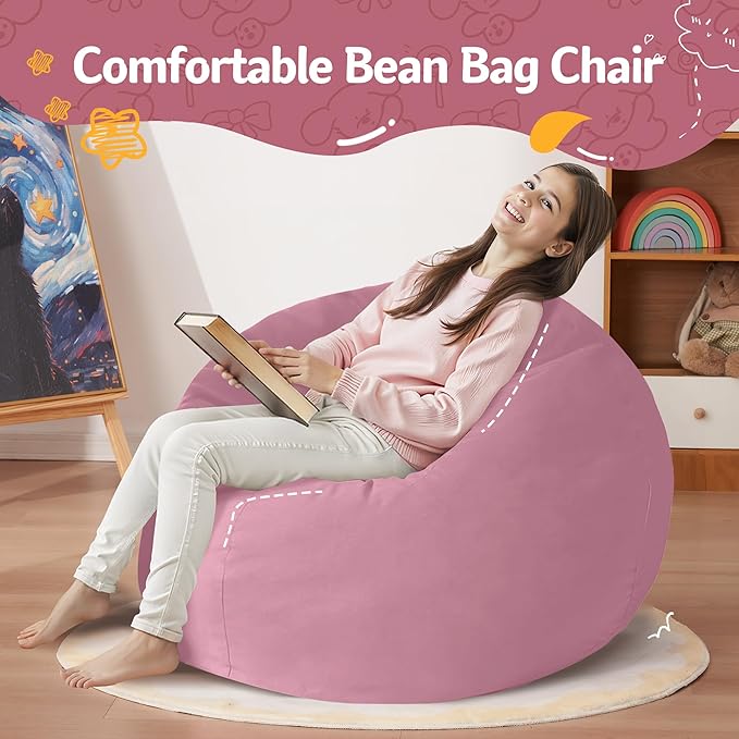 Homguava 2FT Bean Bag Chair: 2' Bean Bags with Memory Foam Filled,Comfy Beanbag Chairs Round Bean Bag Sofa with Dutch Velvet Cover-Dusty Pink