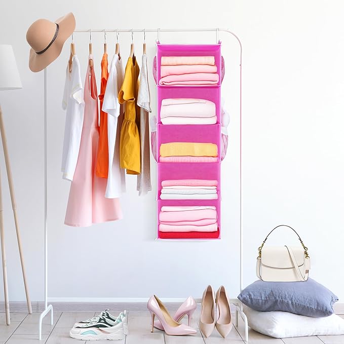 MAX Houser 5-Shelf Hanging Closet Organizer, Hanging Storage Shelves with 4 Side Pockets Space-Saving for Bedroom, Foldable (Pink)