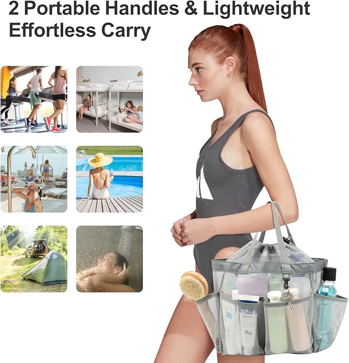 F-color Mesh Shower Caddy Portable with Drawstring - Upgrade Deeper 7 Pockets Dorm Room Essentials for Guys Girls with S Hook, Shower Bag Basket Tote for College Camping Toiletry Bathroom, Grey