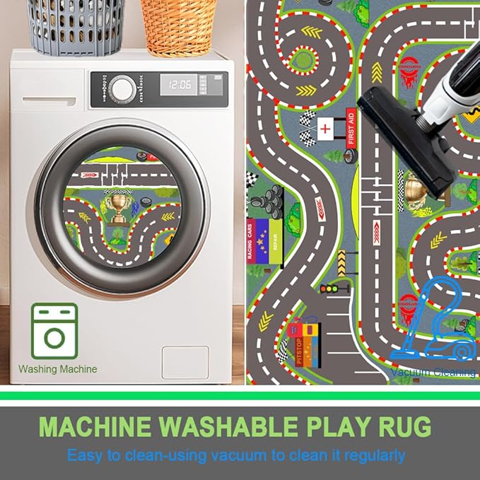 Kids Rug, Race Track Playmat Rugs 47×31 in Kids Carpet with Rubber Backing, Start and Finish line Racing Track Marking Car Road Race 3D Play Mat Nursery Rugs for Children Bedroom Playroom