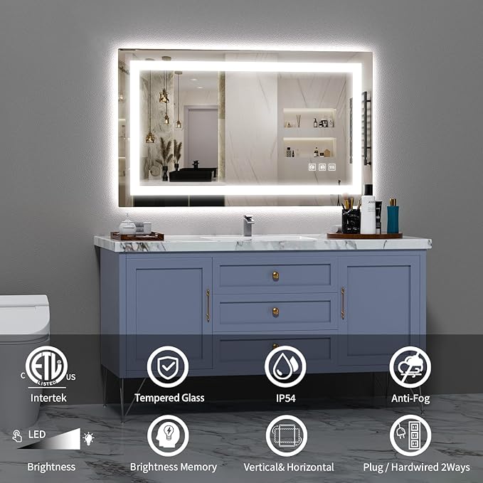 LED Mirror for Bathroom, 40x24 Inch Backlit + Front Lighted Bathroom Vanity Mirror with Lights for Wall, Double Light Strips, 3 Colors, Shatter-Proof, Anti-Fog and Brightness Memory