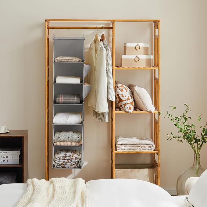 YOUDENOVA Hanging Closet Organizer and Storage, 6-Shelf Closet Hanging Shelves | Sturdy Bamboo Structure Cloth Hanging Storage, Sweater Organizer, 11.8” x 11.8” x 47.2”, Light Grey