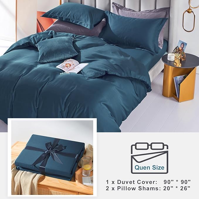 MILDLY 100% Long-Staple Cotton Duvet Cover Peacock Blue Morden Sateen Weave Luxury Comforter Cover Set King Size with Zipper Closure & Corner Tie (No Comforter)