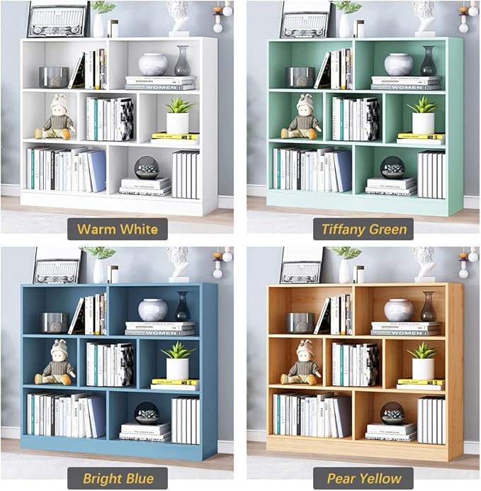 IOTXY Open Shelf Low Bookcase - Wooden 3-Tier Floor Standing Display Cabinet Organizer with Base, 7 Cubes Short Horizontal Bookshelf in Bright Blue