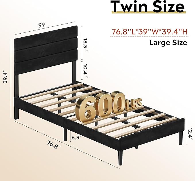 WLIVE Twin Size Upholstered Bed Frame, Velvet Square Tufted Headboard,Sturdy Metal & Wooden Slats Support, No Box Spring Needed, Black