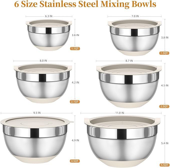 Mixing Bowls with Lids Set, 6 Piece Stainless Steel Nesting Storage Bowls for Kitchen, with 3 Grater Attachments & Non-Slip Bottoms, Size 5.5,3.5,2.5,2.1,1.5,1.1 QT